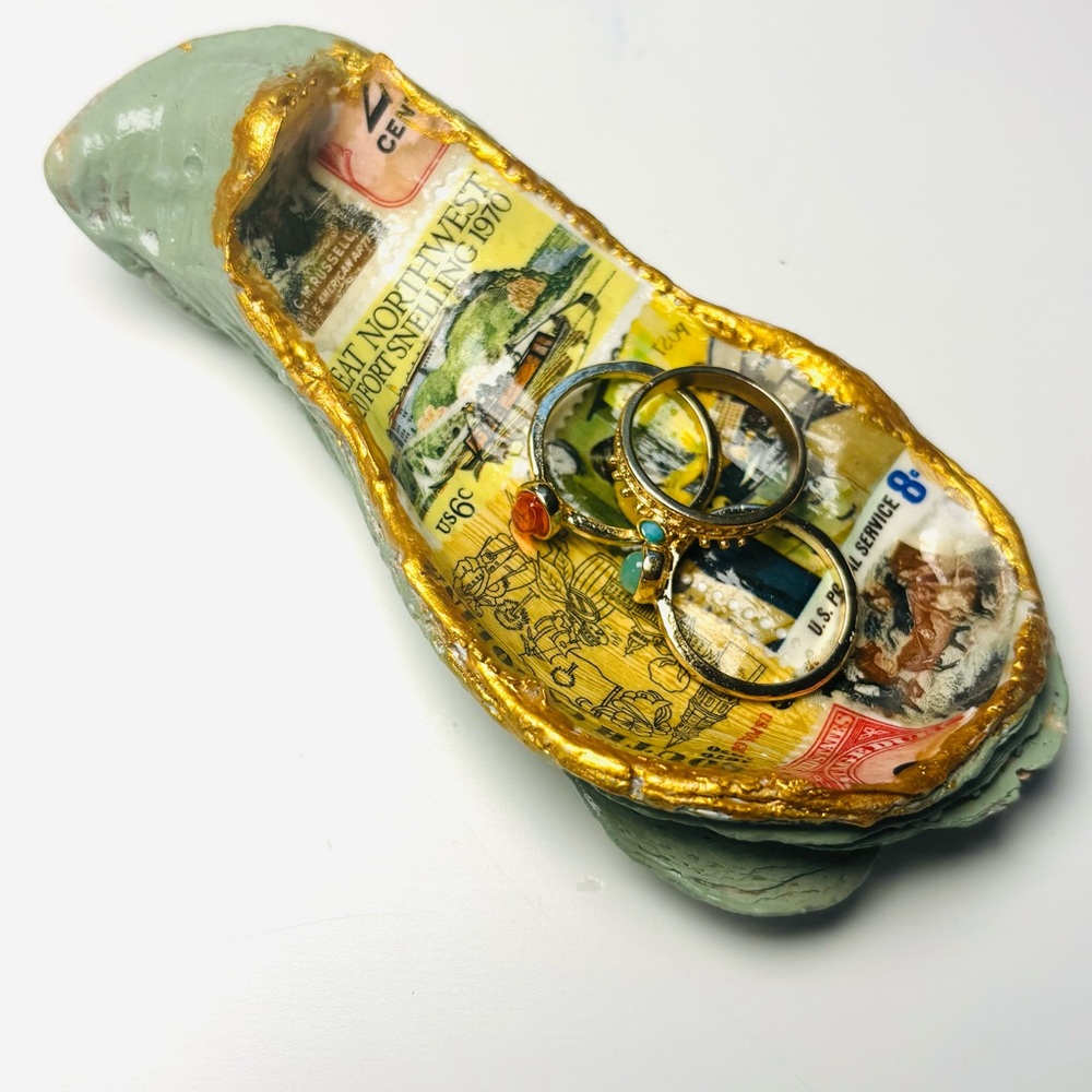 Handcrafted Oyster Shell Trinket Tray With Vintage Decoupage Stamp Design - Picture 2 of 6